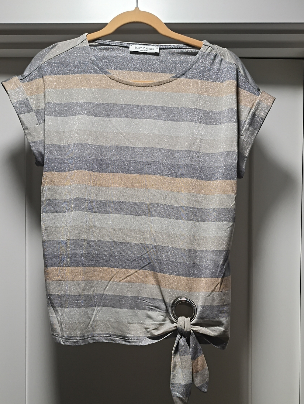 Emily Daniels Stripe Tie-Hem Short Sleeve Top - Pearl Gray & Sand